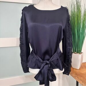 Zara Basic Collection Navy Blue Top SZ Large Lace Sleeves Feminine Coquette NWT